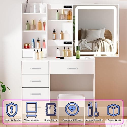 Caulitar Premium Vanity Desk with Mirror and LED Lights, 55.1" H White Makeup Vanity with 6 Drawers 6 Shelves & 1 Chair,Vanity with Led Lights 3 Modes Adjustable and Slide Mirror for Girls and Adults thumbnail 6