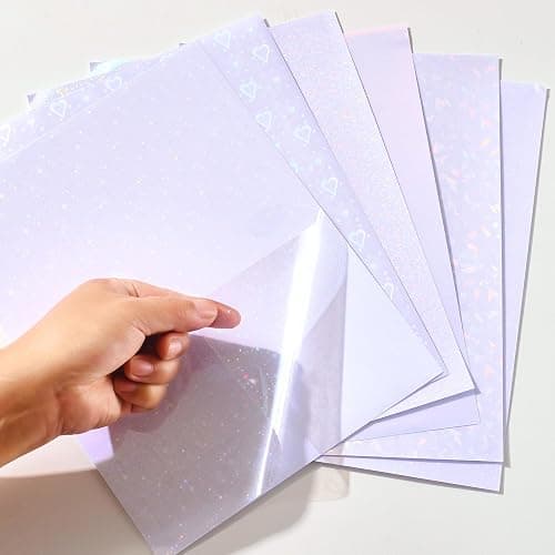 36 Sheets Holographic Sticker Paper, Clear Vinyl Lamination Sticker Film Self Adhesive, Transparent Overlay Laminate Sticker Paper Waterproof-Gem/Dots/Sand Star/Rainbow/Star/Heart, 8.5x11 Inch thumbnail 6