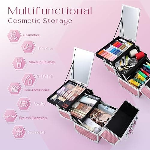 Joligrace Makeup Train Case Makeup Case Organizer Portable Cosmetic Box Storage with 2 Trays Mirror Locking Make Up Travel Case for Nail Kits Cosmetics Craft Traveling Makeup Box Mermaid Pink thumbnail 2