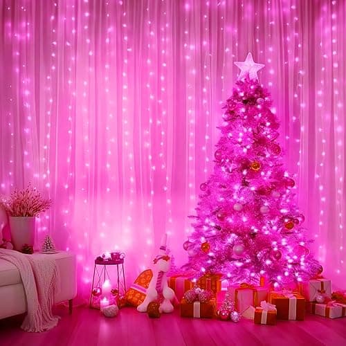 Minetom Curtain Lights, 300 LED Dimmable Fairy Lights with Remote and Timer, 8 Modes, USB Powered String Lights for Room Wall Party Xmas Indoor Decor, Pink thumbnail 2