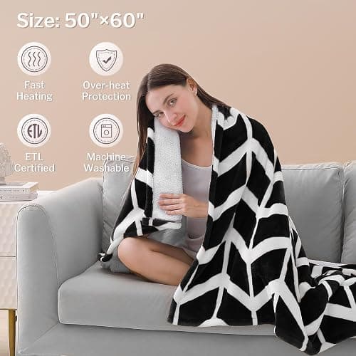 VENTIMI Electric Blanket Heated Throw, 50" x 60" Heated Blanket with 5 Heat Levels & 3 Hours Auto Off, Fast Heating Blankets with ETL & FCC Certification, Black thumbnail 6