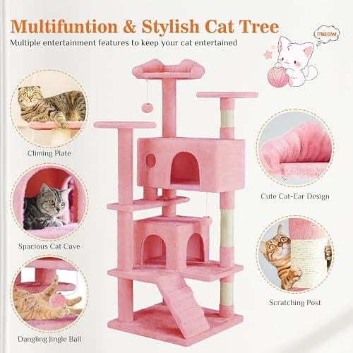 Sweetcrispy 54 Inch Cat Tree Tower, Multi-Level with Cat Scratching Post, Indoor Cat Condo with Climbing Ladder, Plush Toy, Play House for Cat, Pink thumbnail 3