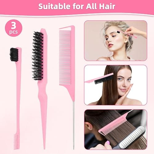 6pcs Hair Styling Comb Set with Continuous Spray Bottle 200ml, Rat Tail Comb Edge Control Hair Brush for Back Brushing, Combing, Braiding, Slicking for Women(pink) thumbnail 3