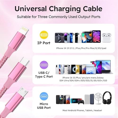 USB A + USB C Multi Charging Cable 4ft 2Pack 3 in 1 Charger Cord, Multiple Nylon Braided Cable USB Charging Cable Multi Phone Charger Cord with Type C Micro Lightning USB Connectors for Cell Phones thumbnail 4