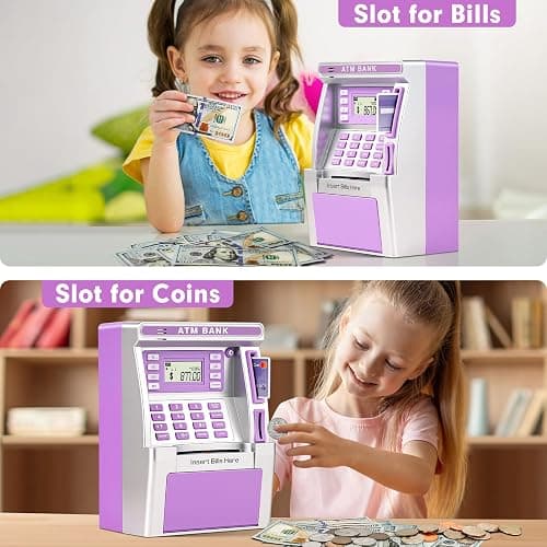 Purple Piggy Bank for Kids, ATM Machine Bank for Real Money with Debit Card, Bill Feeder, Coin Recognition, Balance Calculator, Electronic Savings Safe Box, Gifts for Teen Boy Girl thumbnail 4