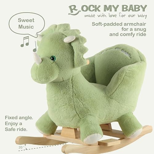 Rock My Baby Plush Rocking Horse - Soft Stuffed Body,Safety Seat Chair, Wooden Rockers, Music Button – Toddler Ride-On Toy for Ages 1–3 (green) thumbnail 5