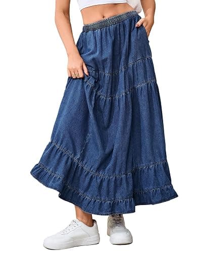 YEXPINE Women's Swing Chambray Maxi Skirt Elastic Waist Pleated Tiered Flowy Long Skirts Retro Denim Skirt thumbnail 9