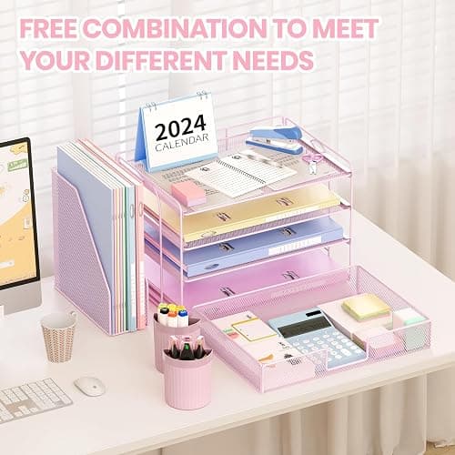 OPNICE Desk Organizer and Accessories, 4-Tier Desktop File Organizer with Drawer and 2 Pen Holders, Office Desk Accessories, File Sorters, Workspace Organizers for Office Supplies(Pink) thumbnail 5