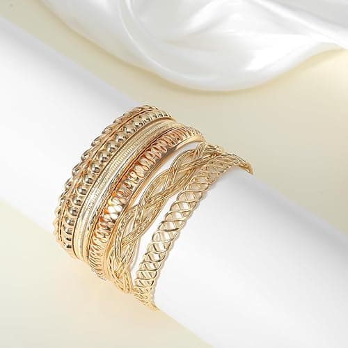 Yolev 7 Piezas Brazalete Oro Mujer Apilables Gruesos Boho Apilables Brazaletes Indios Conjunto de Joyería de Mujer India Conjunto de Joyería Vintage de Boda Africana Pulseras Oro Mujer thumbnail 3