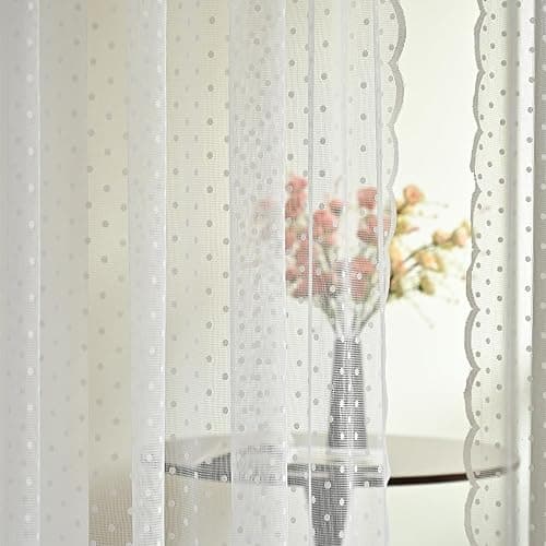 1PC 135 * 230cm One-Size Sheer Polka Dot Curtains with Scalloped Edge, White, Rod Pocket Window Curtain Panels Small Polka Dot Star Sheer Curtains with Rod Pocket thumbnail 2