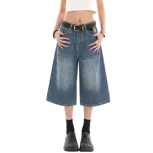 Chmnigma Jorts Women Baggy Jean Shorts Wide Leg Long Denim Shorts Unisex | Baggy Capris,Loose Denim jort,High Rise,Summer Streetwear,Oversized Jeans,Classic 4 Pockets,Casual Outfits - Image 1