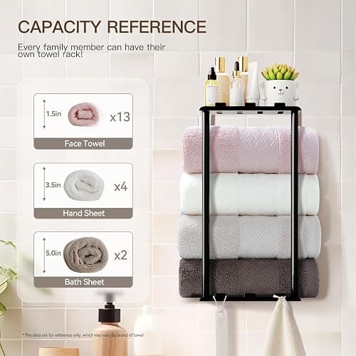 KISENG Towel Racks for Bathroom Towel Holder with Shelf & 6 Hooks,Space Saving Vertical Hanging Towel Rack, Sturdy Metal Wall Mounted Towel Storage Rack for Rolled Towels Organizer - Black - 14.76 Inch/2 Tier thumbnail 4