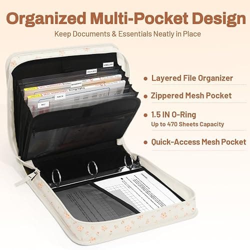Zipper Binder with Handle, 1.5 Inch O-Ring, 325 Pages Capacity, with 5-Tab Expanding File Folder for Classified Storage, for Middle School Students, Pink Little Flower thumbnail 4