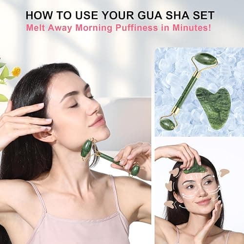 BOPURLE Gua Sha and Jade Roller Facial Tools for Face, Upgraded Face Roller for Wrinkles and Lifting, Face Massager and Gua Sha Set for Puffiness and Skin Care, Guasha Tool for Women and Men (Green) thumbnail 4