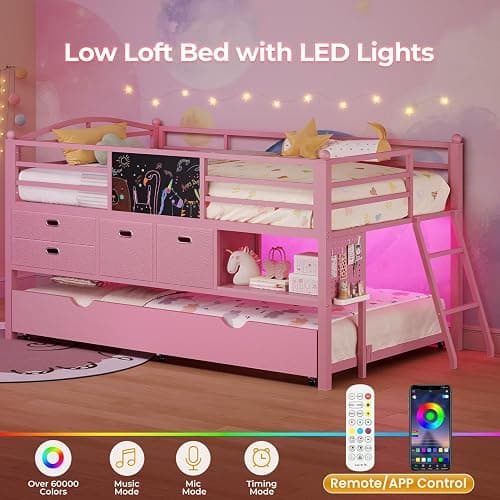 ADORNEVE Low Loft Bed Twin Size with Trundle & LED Lights, Kids Loft Bed with 4 Storage Drawers & Open Cubbies & DIY Pegboard, Twin Loft Bed with Safety Guardrail,Under-Bed Play Zone, Pink thumbnail 7
