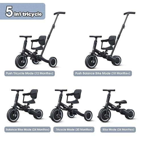 newyoo Toddler Bike, Tricycle w Push Handle for 1-3 Year Old, Birthday Gifts and Toys for Boy's and Girl's Birthday, Convertible 5 in 1 Baby Balance Bike, Kids Outdoor Riding Toys, Black, TR007 thumbnail 3