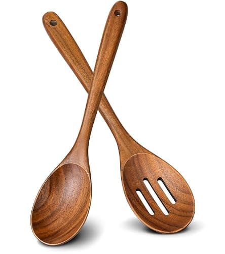 2Pcs Wooden Spoons for Cooking, Natural Premium Teak Wooden Spoon & Slotted Spoon, Good Grip Large Cooking Spoons Spatula, Heat Resistant Wooden Kitchen Cooking Utensils Set for Nonstick Cookware - Image 1