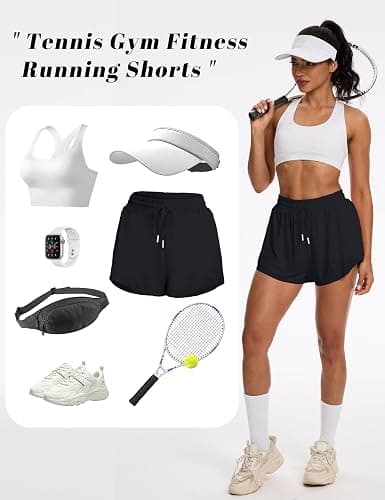 tanzdunsje Laufshorts Damen kurz Sportshorts 2 in 1,Tennis Gym Fitness RunningShorts mit 2 Taschen, Damen Schwarze Shorts Workout Sportrock Elastischer Bund, mit Innenfutter - XL - Schwarz thumbnail 4