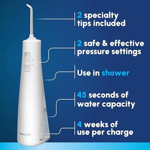 Waterpik Cordless Pulse Rechargeable Portable Water Flosser for Teeth, Gums, Braces Care and Travel with 2 Flossing Tips, Waterproof, ADA Accepted, WF-20 White, Packaging May Vary thumbnail 2