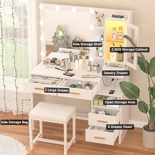 White Vanity Desk with Lighted Mirror and Chair, Makeup Vanity with Charging Station, 5 Drawers Vanity Table Set with LED Cabinet & Storage Bag, Makeup Dressing Table for Girls Women - Modern White thumbnail 3
