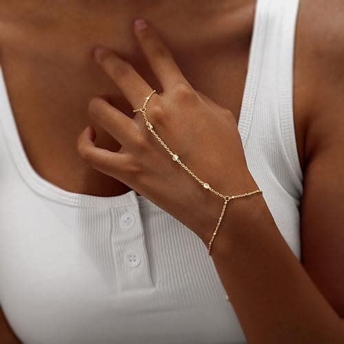Bracelets for Women,14K Gold/Silver Plated Dainty Hand Chain Bracelets Trendy Ring Chain Bracelet Charm Gold Cuff Bangle Stackable Bracelets Fashion Body Jewelry Adjustable Waterproof Gifts for Her - Three Zircon-GD thumbnail 3