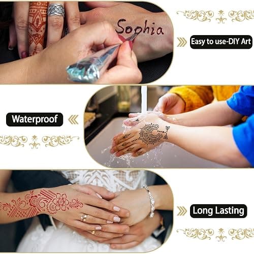 InkForge Temporary Stencils Tattoos Kit, 4 Pcs Tattoo Cones 3 Color (2 Black 1 Maroon 1 Cherry Red) with Gloves Brush Tool,DIY Body Art Skin Painting Designs for Women Men Kids Party Gifts thumbnail 4