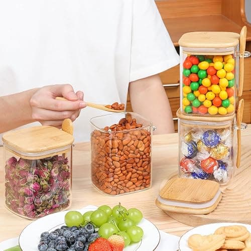 ComSaf 0.8 Qt Glass Jars with Bamboo Lids & Spoons Set of 4, Square Glass Containers with Lids, Sugar Coffee Containers Salt Spice Jars, Pantry Storage Container for Loose Tea, Candy, Brown Sugar, Nut thumbnail 9