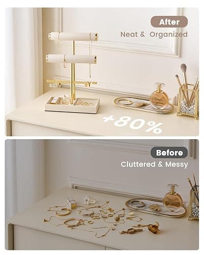 Lolalet 3 Tier Jewelry Stand Holder, Bracelet Necklace Display -Beige | PU Leather Hanging Jewelry Rack with Storage Tray, Ring Watch Bangle Earring Organizer, Gifts Dorm Room Decor for Women Girls thumbnail 9