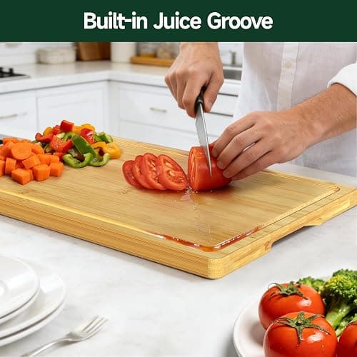Zeawec 3-Piece Set Bamboo Cutting Board for Kitchen - Crack-Resistant Wood Chopping Boards with Deep Juice Grooves, Pre-Oiled Butcher Block for Meat, Vegetables & Cheese, Natural thumbnail 2