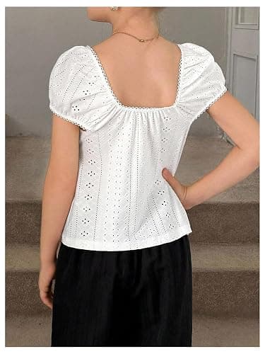 SOLY HUX Girl's Summer Cute Tops Peplum Babydoll Top Eyelet Blouses | Square Neck, Lace, Short Sleeve T-Shirts for Girls thumbnail 2
