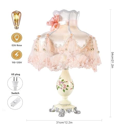 kangten Victorian Style Table Lamp Pink Princess lamp Handmade Gauze Fabric Lampshade Traditional Resin Flower Carved Base for Girl's Room Bedroom Office Living Room Reading, D12.2'' X H21.2'' thumbnail 2
