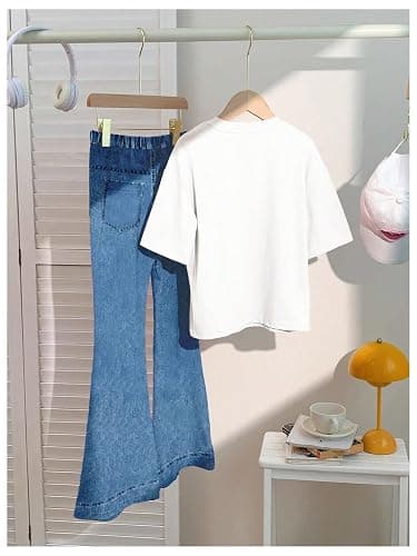 WDIRARA Girl's 2 Piece Outfits Star Denim Print Short Sleeve T Shirt and Bell Bottom Flare Pants Sets thumbnail 2
