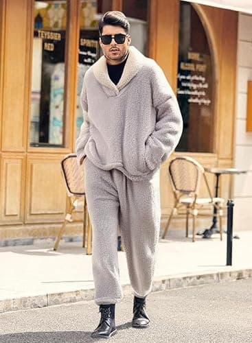 Peaceglad Mens Fluffy Coral Fleece Pajamas Set Pullover Pants Loose Plush Warm Loungewear Sleepwear thumbnail 3