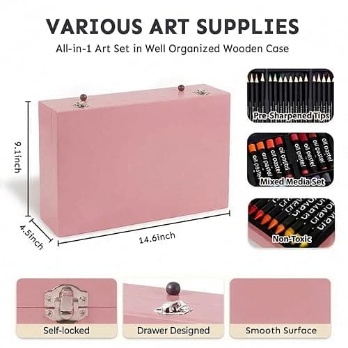 175-Pack Deluxe Wooden Art Set Drawing Painting Kit with 2 Drawing Pads, Acrylic Paints, Colored Pencils, Crayons, Paint Brush, Art Kit in Wooden Case, Gift for Artist, Adults, Teens and Kids thumbnail 7