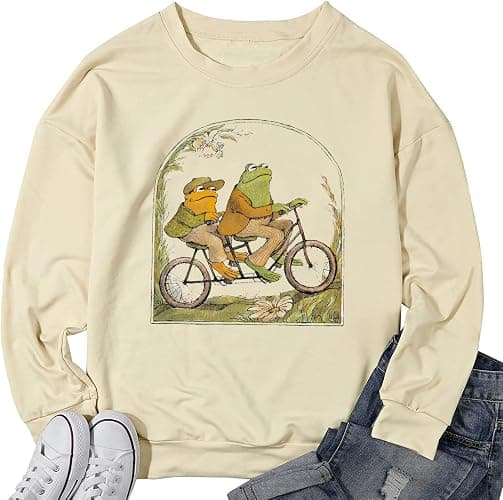 QIANRUO Frog Sweatshirt for Women Classic Book T-Shirt Vintage Graphic Tee Book Lovers Shirt Funny Teacher Pullover Tops thumbnail 3