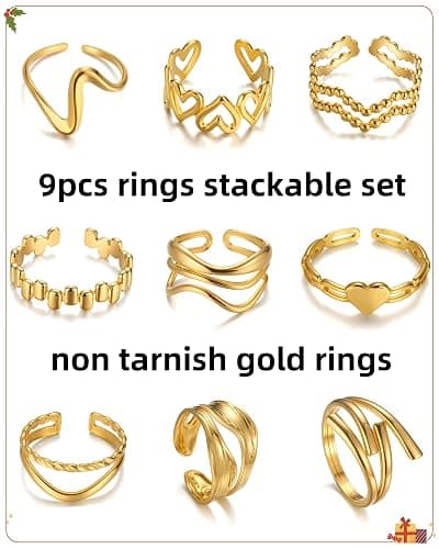 BETTY&SARAH 9PCS Gold Rings for Women Non Tarnish, 18K Gold Plated Chunky Adjustable Stackable Rings, Open Stacking Knuckle Ring Set Gifts thumbnail 6