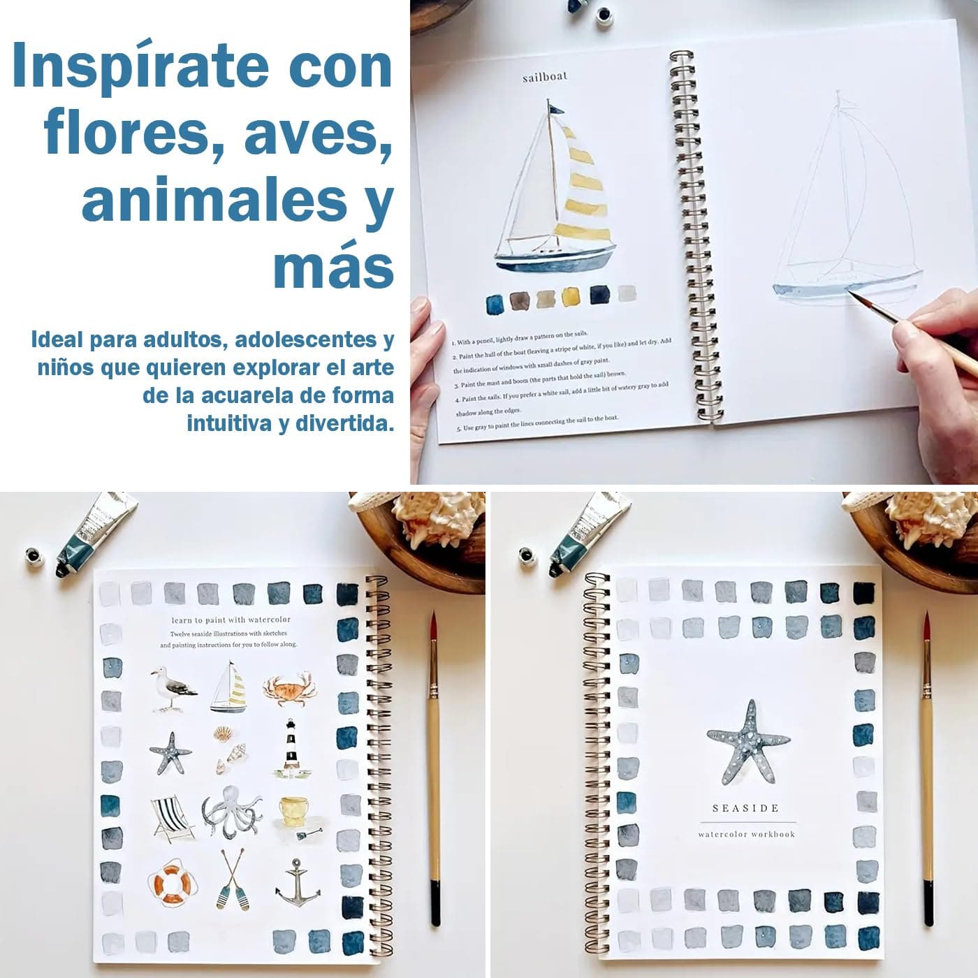 Watercolor Workbook beginner, Cuaderno de Acuarelas para PrincipiantesKit Completo con 12 Colores, Pincel, Flores y Aves - Ideal Adultos, Niños y Adolescentes, Incluye Regalo Artístico y Manualidades (E) thumbnail 3