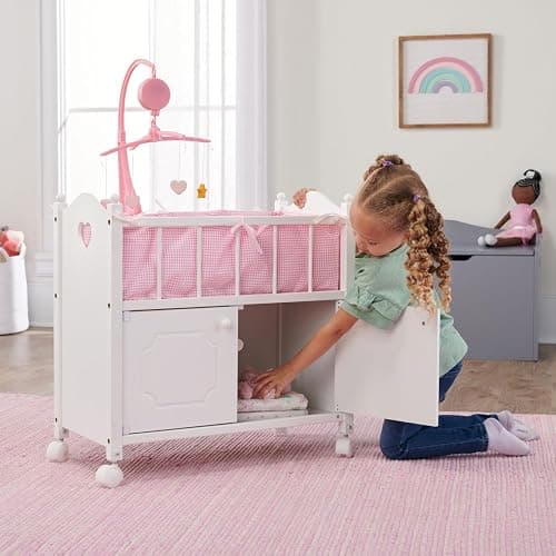 Badger Basket Wooden Toy Doll Bed with Storage, Mobile, and Bedding to Pretend and Play - Includes Wheels and Free Personalization Kit - White with Pink Gingham Fabric thumbnail 6