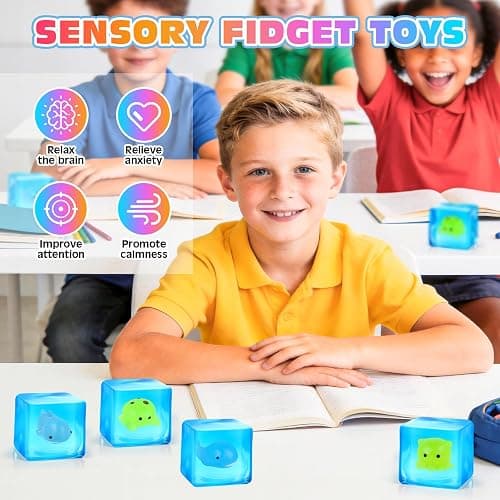 VISCOO 4 Pack Stress Cube -Glow in The Dark Sea Animal Inside Squishy Toys, Cube Squishy Stress Balls for Anxiety Relief, Squeeze Toys for Kids Adults,Fidget Gummy Toys for Party Favors thumbnail 5