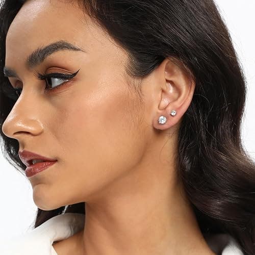 18K White Gold Plated 4 Pong Round Clear Cubic Zirconia Stud Earring Pack of 6 Pairs (6 Pairs) thumbnail 9