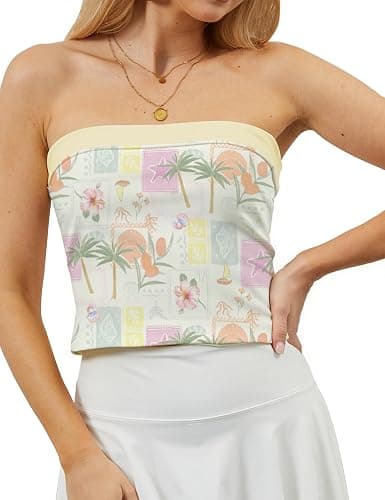 TERIVEEK Women Strapless Reversible Foldover Tube Top Y2K Floral Print Graphic Crop Bandeau Tops Sleeveless Slim Fit Shirt thumbnail 6