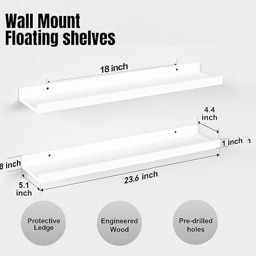 Boswillon 23.6 Inches Long Floating Shelves, 2 Set Modern White Wall Shelf for Bedroom, Nursery Book Shelf with Lip, Picture Ledge Shelf for Living Room, Bathroom, Kitchen thumbnail 3