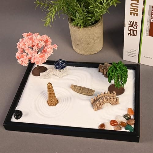 Yoquare Mini Zen Garden, White Sand, 10" x 7" Rectangular Plastic Tray with Meditation Accessories thumbnail 6