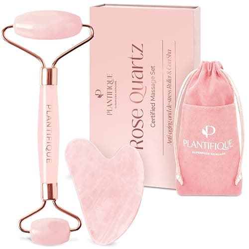 PLANTIFIQUE Rose Quartz Gua Sha & Face Roller Set, Certified Face Massager | Guasha Facial Tool & Roller for Lymphatic Drainage & Face Sculpting - Reduce Puffiness & Relieve Tension - Skin Care Gifts - Image 1