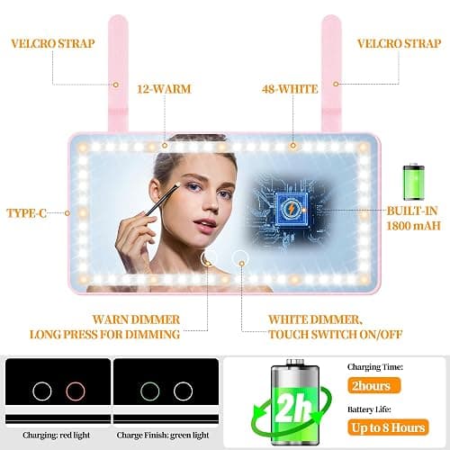 Car Sun Visor Vanity Mirror with Lights, Pink Rechargeable Car Makeup Mirror Accessories, Birthday Gifts for Women Girl, 3 Light Modes, Dimmable Touch Led Screen, Universal for Car Truck thumbnail 3