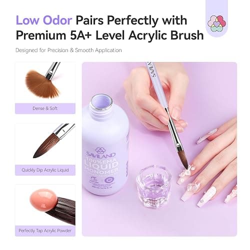 SAVILAND Monomer Acrylic Nail Liquid: 6.76 Oz Professional EMA Acrylic Liquid Monomer with Size 8,10,14 Brushes for Beginners DIY Nail Art Extension & 3D Sculpting Non-Yellowing MMA-Free thumbnail 3