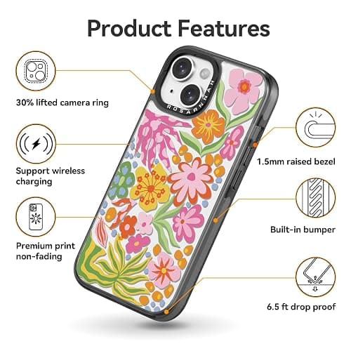 Rosarnnah Compatible for iPhone 13 Case Cute Aesthetic - Durable Shockproof 6.6 ft Drop Impact Phone Case Cover with Funny Fashion Passion Flower 6.1" Black thumbnail 5