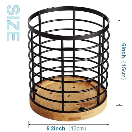 WDT Tool Utensil holder for Kitchen Counter - 5.2" x 5.2" x 6" Large Round with Wooden Base Matte Black Cooking Utensil Holder Utensil Organizer (Metal+Bamboo) thumbnail 3