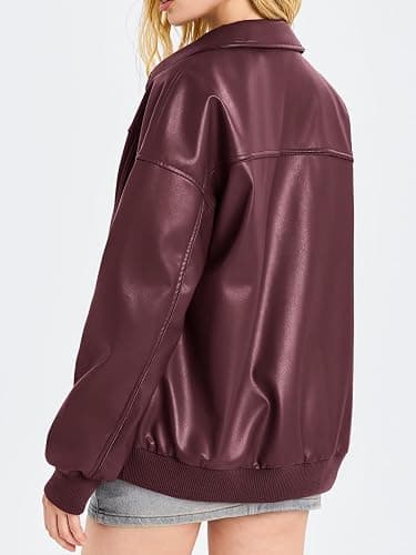 Tankaneo Womens Faux Leather Jackets Oversized Bomber Casual Fall Fashion Zip Up Moto Biker Coats thumbnail 5