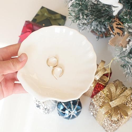 CCINPPY Shell Ring Dish Tray, Ceramic Jewelry Tray Trinket Dish, Seashell Key Holder Bowl, Beach Room Coastal Decor Aesthetic, Ocean Bathroom Counter Decor, White, Large thumbnail 7